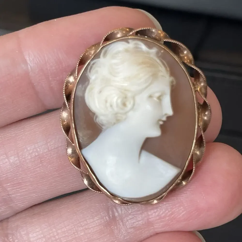 Antique 20's/30's 10k Rose Gold Bezel Set Carved Shell Cameo Brooch Pendant 6g
